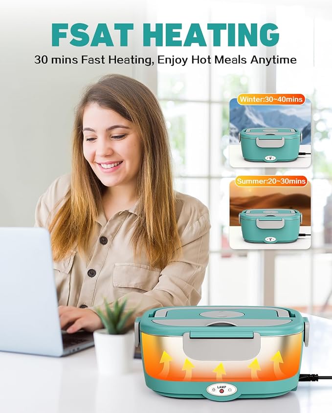 80W Electric Lunch Box Food Warmer for Car/Truck/Office, 110V/24V/12V Portable Heated Lunch Box for Adults, Dual 1.5L Stainless Steel Containers, Leak-Proof & Fast Heating, 3-in-1 Design