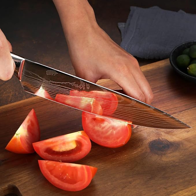 SENKEN 8-Piece Japanese Knife Set with Red Resin Handle and Laser Damascus Pattern - Crimson Collection - Chef's Knife, Cleaver, Santoku, Bread Knife, Paring Knife, & More (Crimson Red)