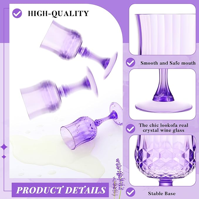 Pinkunn 24 Pcs 7 oz Plastic Vintage Wine Glasses Reusable Colored Goblets Patterned Drinking Water Glasses Cup Dishwasher Safe for Mother's Day Wedding Reception Party Supplies (Purple)
