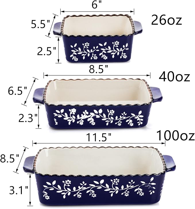 AVLA 3 Pack Ceramic Bakeware Set Porcelain Rectangular Baking Dish Lasagna Pans for Cooking Kitchen Casserole Dishes Cake Dinner 12 x 8.5 x 6 Inches of Baking Pans Banquet and Daily Use Cobalt Blue