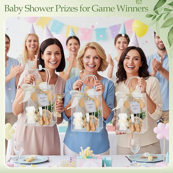 Honeydak 49 Pcs Baby Shower Prizes for Game Players 6 Sets Babysuit Shaped Bamboo Cheese Board Fork Knives Coasters Towel Potted Plant Thanks Card Gift Bag for Baby Bridal Shower Wedding Favors