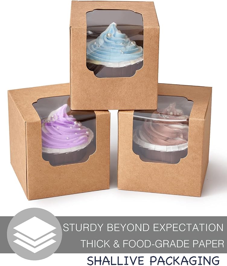 Kraft Cupcake Boxes Individual 60 Pcs with Inserts, Cocoa Bomb Packaing Single Brown Cupcake Containers Paper 3.5" Holders for Cookies, Pastries,Wedding Baby Shower Birthday Graduation