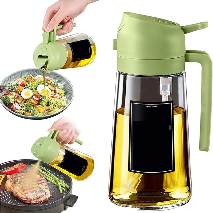 Oil Sprayer, Oil Sprayer For Cooking,2in1 Dispenser Bottle For Kitchen,16oz/470ml Glass,Food-grade Mister,for Kitchen, Air Fryer(1pcs Green)