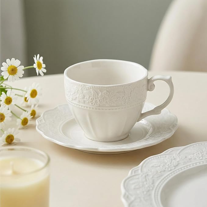 3 oz Espresso Cups Set of 6, Bone China Small Espresso Coffee Cups & Saucers Set, Handcraft Floral Embossing Ceramic Demitasse Mugs Mini Barista Cups for Latte Mocha Farmhouse Housewarming Gift, White