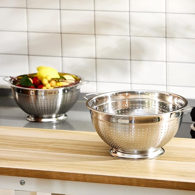 Maxdot 2 Pack 5 Quart Heavy Duty Stainless Steel Colander with Footed Base and Handles Pasta Spaghetti Berry Fruit Vegetable Kitchen Food Strainer Basket