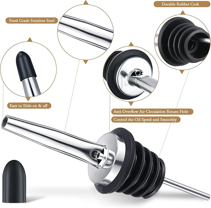 Chengu 72 Pcs Liquor Spout Stainless Steel Bottle Pourers Tapered Liquor Pourers with Rubber Dust Caps Tapered Spouts Set Bar Supplies Vinegar Bottle Dispenser Wine Spout for Alcohol Olive Oil