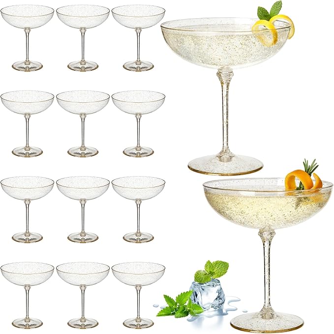 LemonRoad 12 Pcs Detachable Martini Glasses 9oz Disposable Plastic Coupe Cocktail Dessert Glassware Set for Champagne Wine Wedding Birthday Holiday Party Supplies (Transparent Gold Powder)