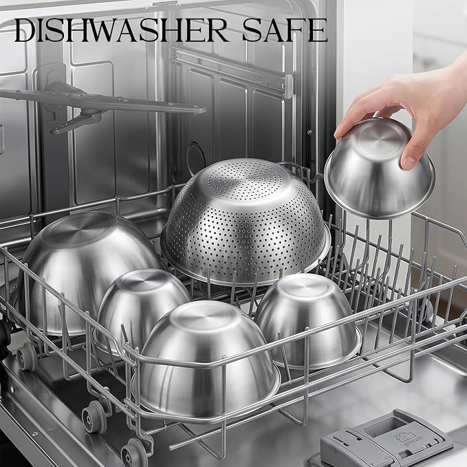 DUTZUN Stainless Steel Mixing Bowls with Colander for Baking, Prep, Cooking | Kitchen Appliances - Metal Mixing Bowl Set of 5 (4, 2.2, 1.6, 1.2 & 0.8 QT) plus 3 QT Strainer
