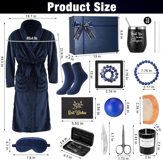 Nuogo 15 Pcs Birthday Gifts for Men Beard Care Set for Him Dad Birthday Gifts Basket Ideas Kit for Men Tumbler Bath Robe for Father's Day Dad Husband Boyfriend Box(Unhooded,Navy)
