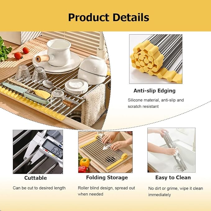1/2/4 Expandable Roll Up Dish Drying Rack Up to 21" Multipurpose Over The Sink Kitchen Rolling up Dish Drainer, Foldable Rollable Telescopic Drying Rack Mat(1PC,W 34.5cm/13.6in)
