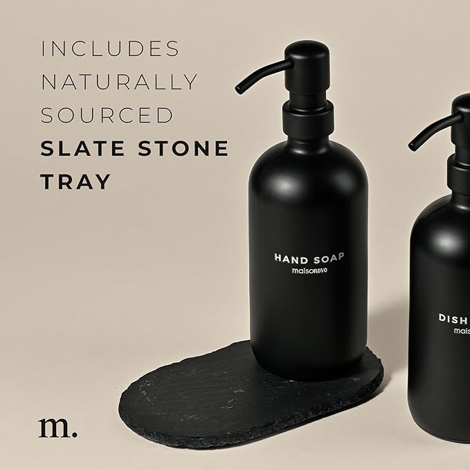 MaisoNovo Soap Dispenser 3 Piece Set - 16.9oz Black Bottles with Black Stainless Steel Pump Core