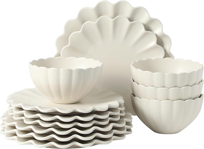 Gibson Elite Bistro Fleur Plates and Bowls Sets, 12-Piece Stoneware Dinnerware Set for 4, Ivory White Scalloped Dish Set with Dinner Plates, Salad Plates & Bowls