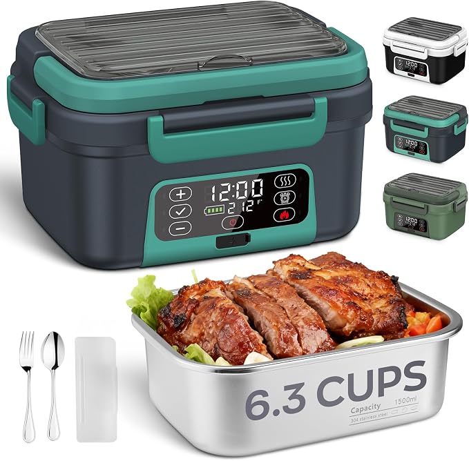 Cordless Electric Lunch Box, Odopok 6.3 Cup 100W Heated Lunch Box with 20000mAH Battery Powered for Self Heating, Including Fork Spoon and Insulated Bag for Men Women Adults, BPA Free(Grey+Lake Green)