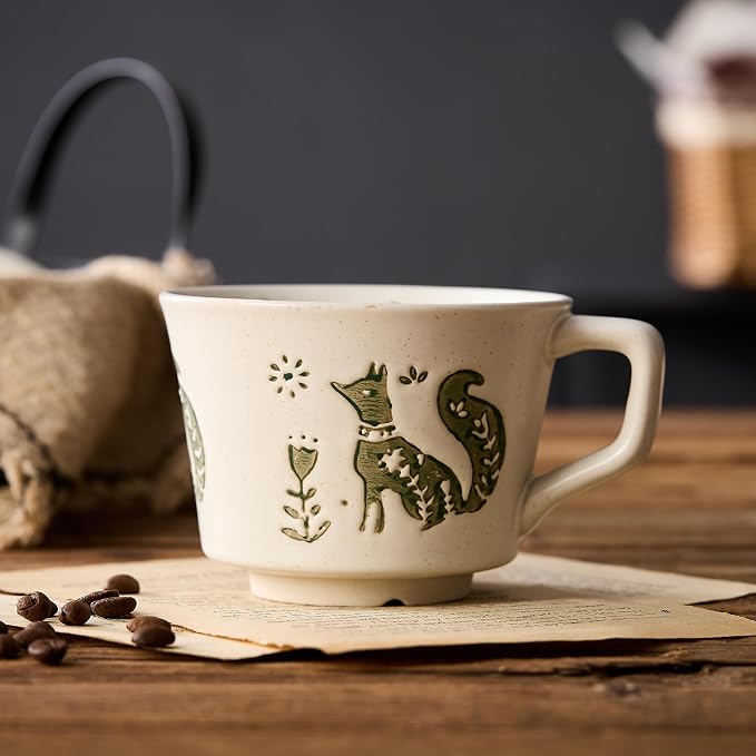 12 oz Vintage Ceramic Coffee Mug Set of 4 - Handmade Stoneware Pottery Countryside Farmhouse Fall Autumn Tea Mugs with Big Handle for Latte,Cocoa,Dishwasher & Microwave Safe Cups (Animals)
