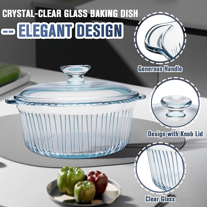 Glass Baking Dishes for Oven, 2 Pack Baking Dish with Lid, Round Casserole Dishes for Oven with Lids, Clear Glass Casserole Dish with Lid Oven Safe for Baking, Cooking, Storage, 1.7Qt and 2.5Qt
