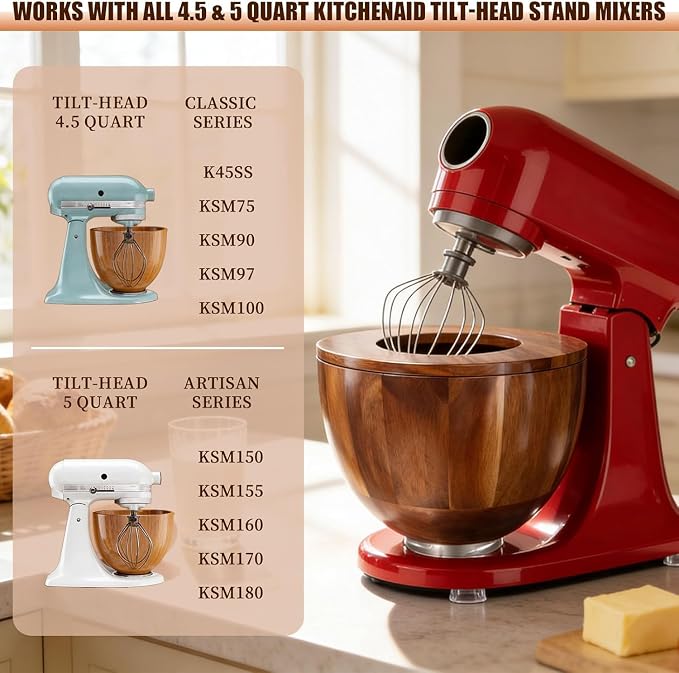 LOVIVO Premium Acacia Wood 5 Quart Mixing Bowl with Splash-Proof Lid, Compatible with KitchenAid 4.5-5 Qt Tilt-Head Stand Mixers, Wooden Bowl for Stand Mixer with Stainless Steel Locking Base