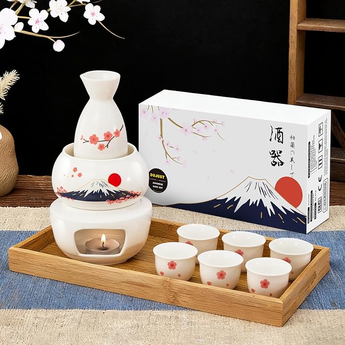 DUJUST 10 pcs Japanese Sake Set with Warmer for 6, Sakura & Fuji Design Porcelain Sake Set, 6 Sake Cups, 1 Bottle, 1 Warmer, 1 Candle Stove, 1 Tray & 1 Box, Warm Sake Carafe, Japanese Gifts - White