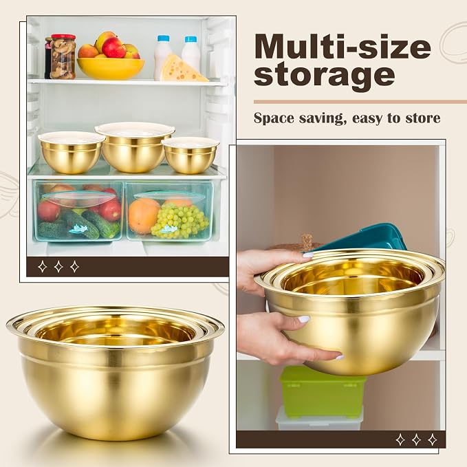 Baderke 7 Pcs Gold Kitchen Accessories Includes Stainless Steel Colander with Handles, 3 Gold Mixing Bowls with Airtight Lids and 3 Fine Mesh Strainer (Colander: 4 Qt, Mixing Bowls: 1/1.5/2 Qt)