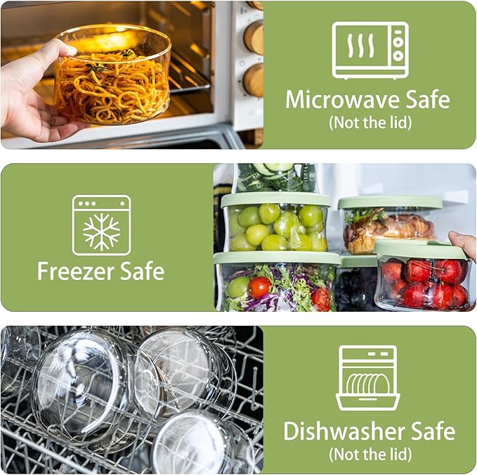 Glass Food Storage Containers Set,with Lids, Leak-Proof Meal Prep Containers,for Storage soups and leftovers - BPA Free,Microwave, Dishwasher, Freezer Safe (Green 6PCS)