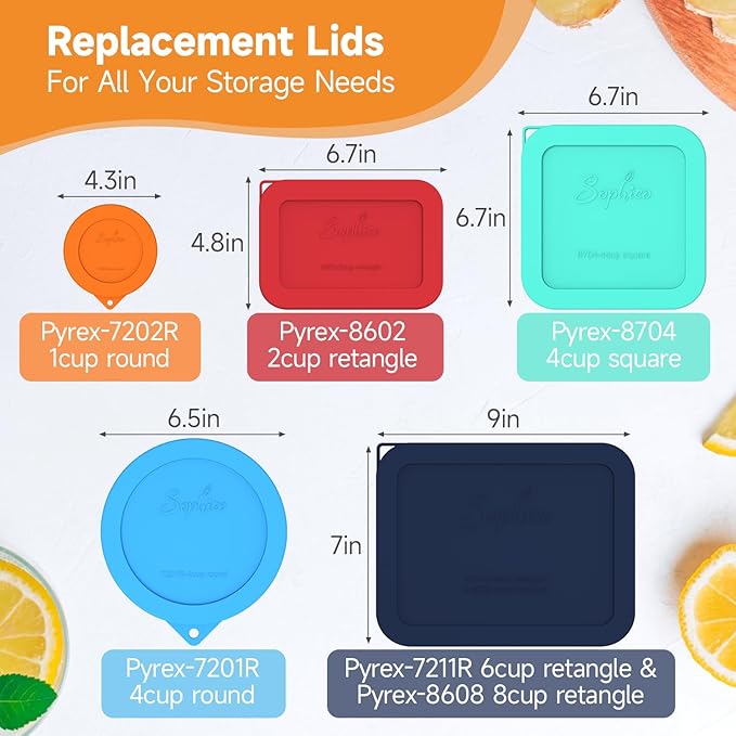 Sophico 7-Pack Silicone Lids for Pyrex Freshlock and SNAPWARE Glass Bowls - Airtight, Leakproof, Freezer/Dishwasher/Microwave Safe Replacement Rectangle Covers（Glass bowls not included）