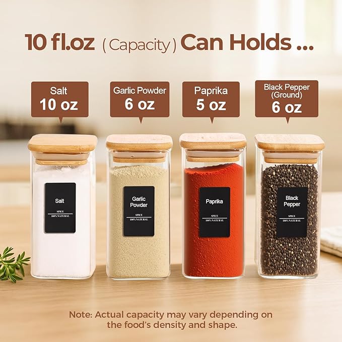 ComSaf 6Pcs 10 oz Large Spice Jars with Label Trial Set, Glass Spice Jars with Bamboo Lids Supplementary Set, Seasoning Container Trial Pack, Perfect for Ktichen Starter