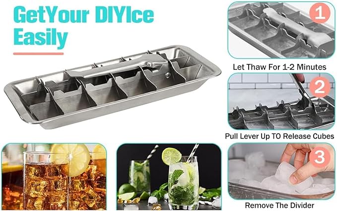 Metal Ice Cube Trays, Stainless Steel Ice Cube Trays, 18-Slot Ice Cube Tray with Easy Release Handle, Detachable Ice Trays for Bars Kitchens Dishwasher, Stainless Steel Ice Cube