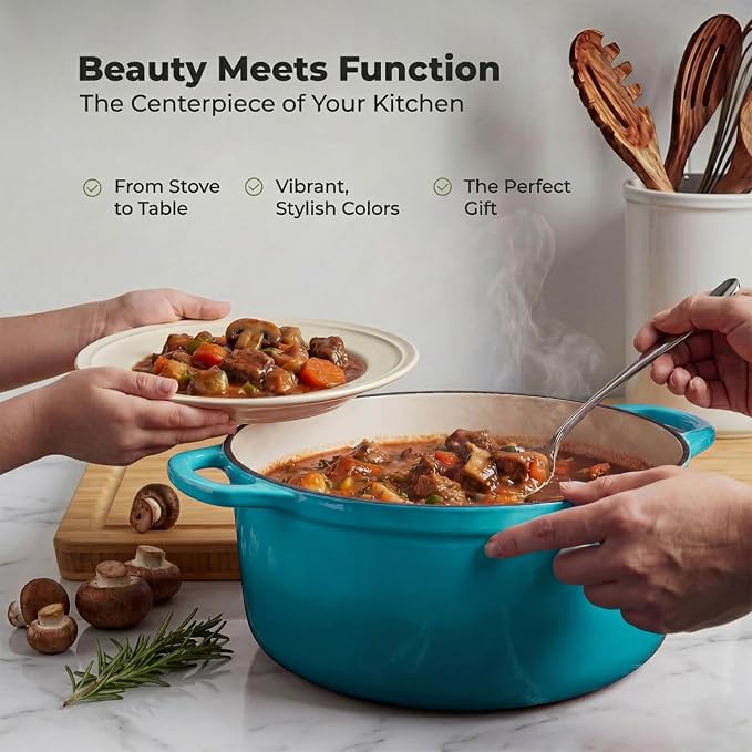 Zulay Kitchen 6.4QT Enameled Cast Iron Dutch Oven Pot with Lid, Heavy-Duty Soup Pot for Stews, Braising, Roasting & Sourdough Bread Baking, Oven Safe up to 500°F - Light Blue