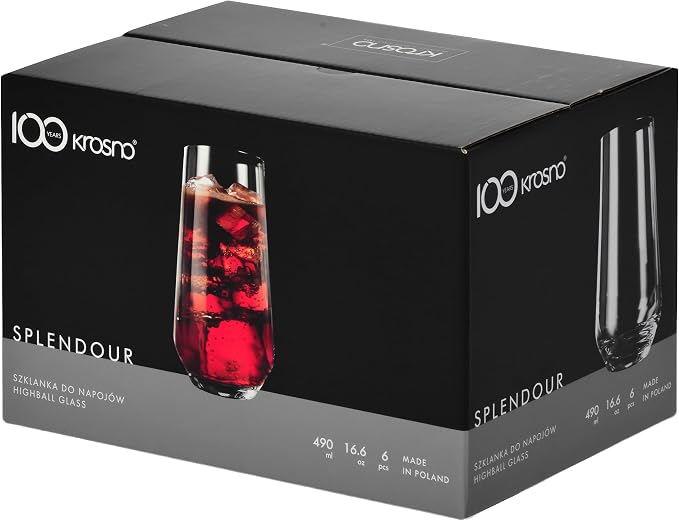Krosno Tall Water, Juice, Drinking Glasses, Set of 6, 16.2 oz, Splendour Collection, Highball & Tumbler Crystal Glass, Dishwasher Safe, Made in Europe