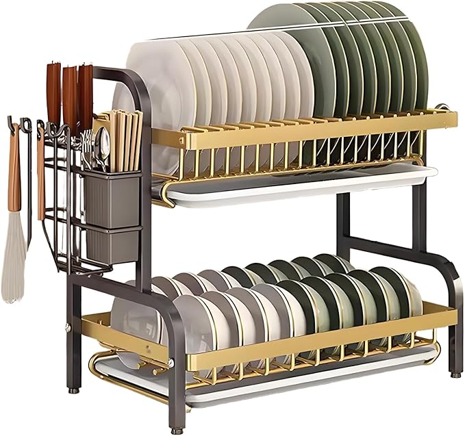 2/3 Tier Kitchen Counter Dish Drying Rack, Carbon Steel Dish Strainers with Drain Tray,Chopsticks Rack,Knife Holder, Over The Sink Dish Racks Storage Rack(W17(2 Tier), Black Gold)