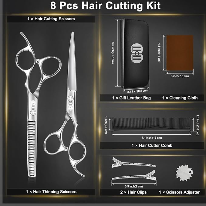 CIICII Hair Cutting Scissors Shears Kit, Professional Barber Haircut Scissors Set (6.7 Inch Hair Beard Hairdressing Trimming Haircutting Thinning Shears) for Men Women Hairdresser Home Salon (Silver)