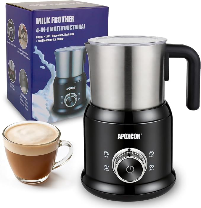 APOXCON Milk Frother and Steamer, Automatic Warm & Cold Foam Maker with Stainless Steel Jug, Detachable Electric Coffee Frother for Cappuccino, Latte, Hot Chocolate