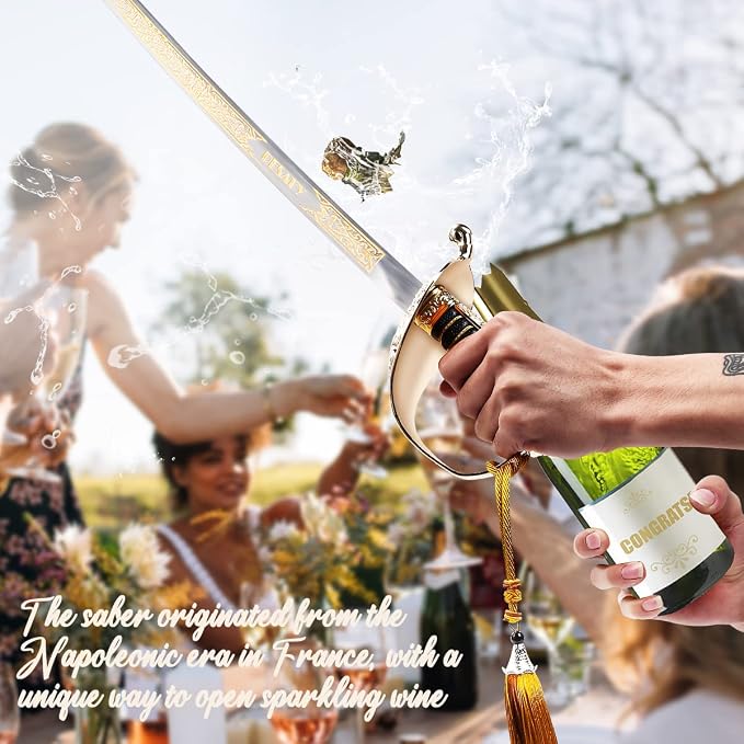 Champagne Saber with Golden Handle & Wooden Gift Box,Pirate Sword Champagne Opener,Sparkling Wine Knife,Champagne Knife Unique Openning Wine with Sabre (Golden)