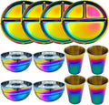 12-Piece Stainless Steel Rainbow Dinnerware Set for 4 | Unbreakable Reusable, Divided Plates Bowls Cups, Round, Dishwasher Safe, For Kitchen Camping Picnic RV