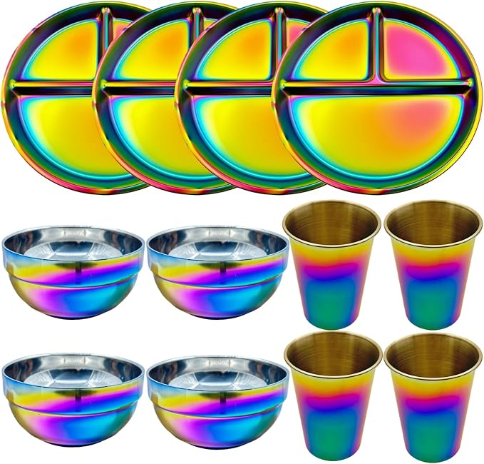 12-Piece Stainless Steel Rainbow Dinnerware Set for 4 | Unbreakable Reusable, Divided Plates Bowls Cups, Round, Dishwasher Safe, For Kitchen Camping Picnic RV