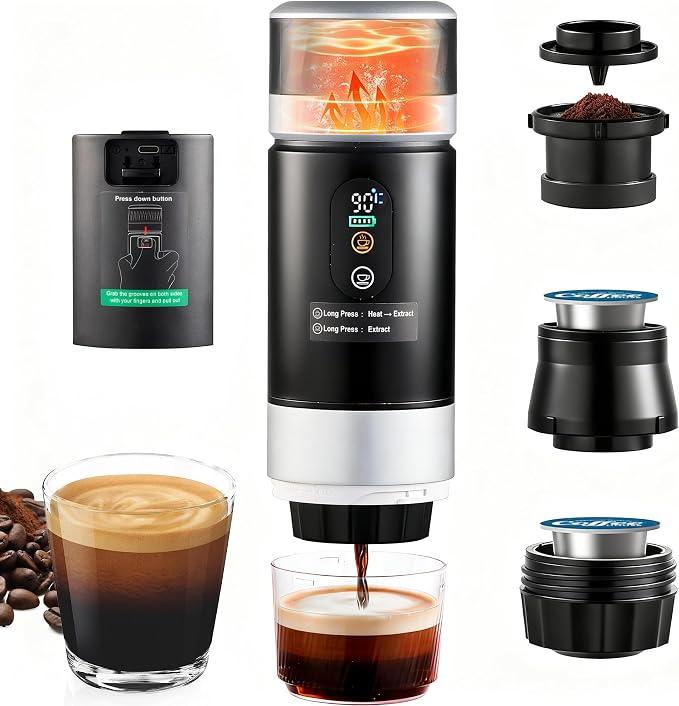 Portable Espresso Machine 20 Bar, 3-in-1 Self-Heating Mini Coffee Maker with Rechargeable Battery & USB-C, Compatible with Ground Coffee, NS & DG Capsules, Travel Coffee Maker for Car Camping Hiking