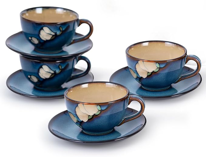 8 Oz Floral Porcelain Cappuccino Cups with Saucers Set of 4, Stoneware Tea Coffee Mugs for Home Kitchen & Office, Dishwasher Microwave Oven Safe, for Espresso, Latte, Americano, Milk & Tea, Dark Blue