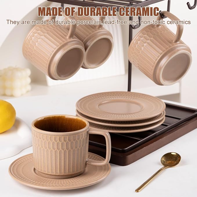 8oz Cappuccino Cups with Saucers Set of 4, 8 Ounce Stackable Embossed Ceramic Coffee Mugs for Specialty Coffee Drinks, Latte Mugs, Cafe Mocha and Tea, Dishwasher & Microwave Safe (Brown)