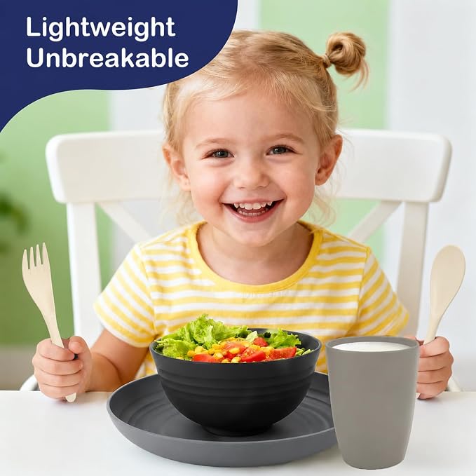 Wheat Straw Dinnerware Sets 20 PCS - Unbreakable Kids Plates and Bowls Sets for 4,Dishwasher & Microwave Safe Modern Lightweight Toddler Plates and Bowls Set - GreyStone