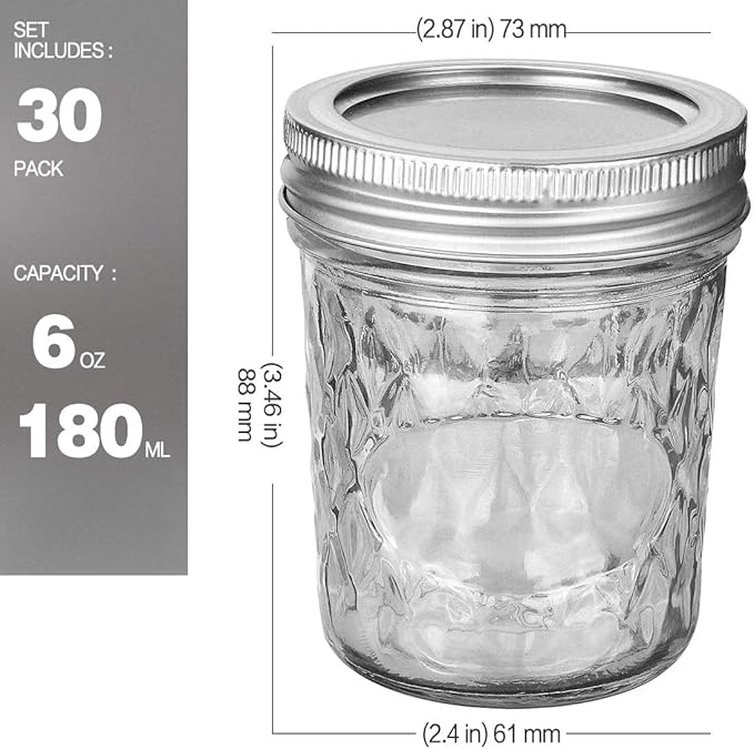 VERONES Mason Jars 6 OZ, 30 PACK 6oz Mason jars Canning Jars Jelly Jars With Lids, Ideal for Jam, Honey, Wedding Favors, Shower Favors
