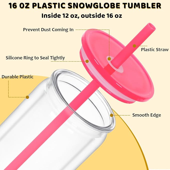 16 Oz Acrylic Snowglobe Tumbler, 25 Pack Pre-Drilled Double Wall Plastic Clear Cup for Glitter Snow Globe Diy, Double Wall Plastic Snowglobe Cup with Colorful Lid