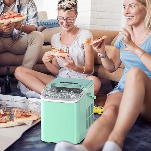 Ice Makers Countertop, Portable Ice Machine with Handle, 6 Mins 9 Bullet Cubes with Basket and Scoop, 26lbs in 24Hrs, Auto-Cleaning, for Home, Kitchen, RV, Camping, Green