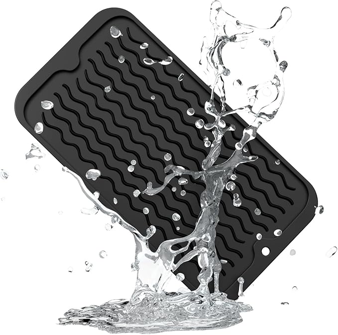 ZLR Silicone Sponge Holder & Sink Caddy Tray (6" x 12") - Narrow Dish Drying Mat for Kitchen Counter - Waterproof Soap Dispenser Organizer, Non-Slip Bathroom Vanity Tray (Black)