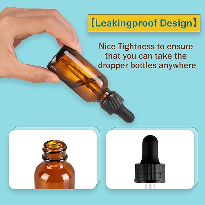 NOOEEISS 24 Pack,1oz Glass Dropper Bottle, Amber Tincture Bottles with Dropper,Pretty Finish for All Kinds of Liquids,Oil Bottles for Hair- Stronger Suction ideal for Leakproof Travel