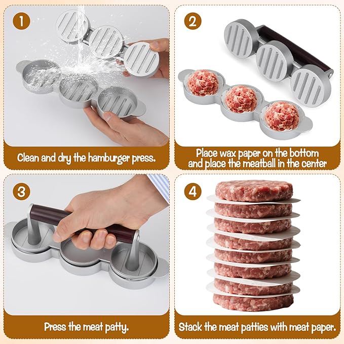 Mini Burger Press Small Meat Patty Maker with 200 Patty Papers Round Shape Press Patty Maker for Mini Hamburger, Barbecue, Picnic, Camping, Three 2.56-inch molds (3 Slots+200 Patty Papers)