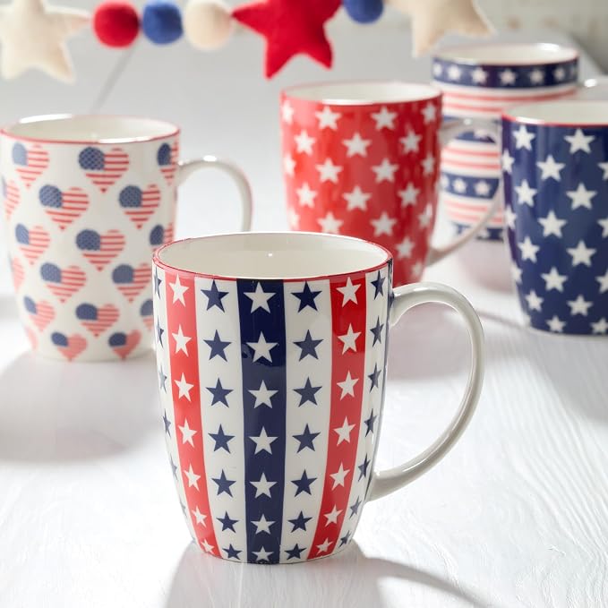 Patriotic Pad Print Porcelain MUGS SET of 6, 14 ounce red white and blue assorted star stripe and flag designs for coffee tea and festive everyday drinkware