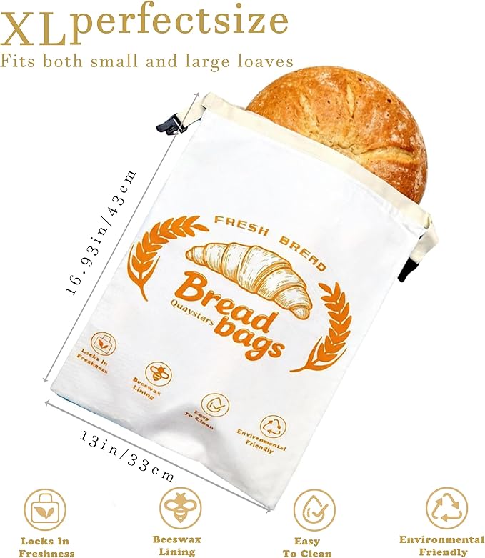 2pc- Beeswax Bread Bags for Homemade Bread & Sourdough ，Zipper，– XL Eco-Friendly, Food-Safe Reusable Food Storage Bag to Keep Loaves Fresh Longer – Sustainable, Freezer Sourdough Container | Double Lock，