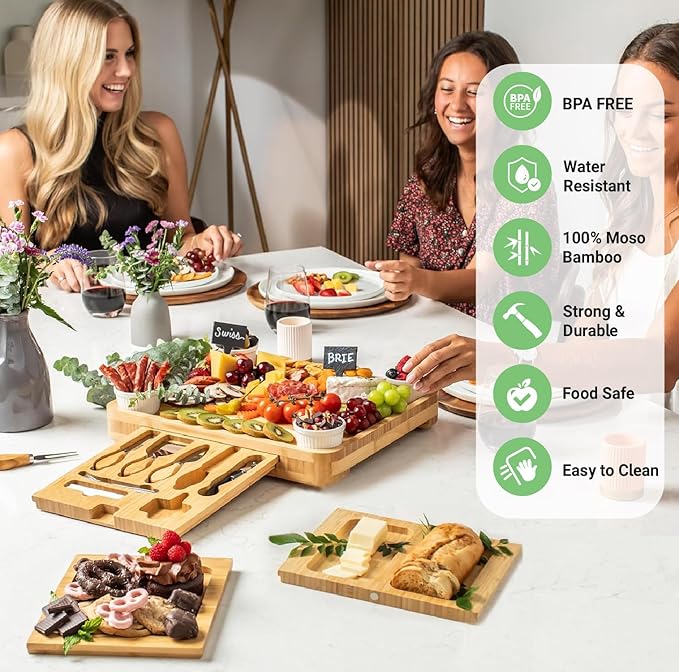 Custom 4-Drawer Bamboo Cheese Board with Utensils Set, Personalized Charcuterie Boards Gift Set, for Kitchen & Entertaining,Wedding,Bridal Shower,Birthday Gift,Housewarming Gift