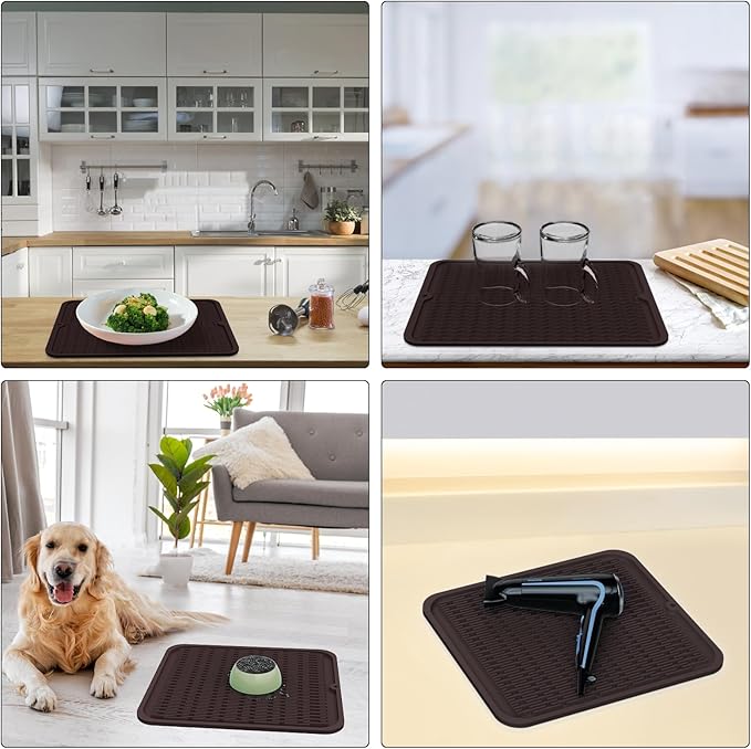 ZLR Silicone Dish Drying Mat & Heat Resistant Trivet (12" x 16") - Waterproof Counter Protector for Air Fryer, Coffee Maker - Non-Slip, BPA Free Kitchen Pad, Easy Clean Dishwasher Safe (Coffee)