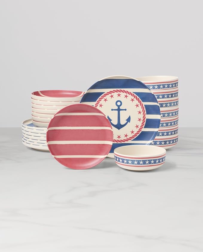 Oneida Dinnerware Sets, 24 Seven Melamine Aweigh We Go 24-Piece Dinnerware, Set for 8, Service For 8, Melamine Material, Dishwasher Safe, Plates And Bowls, Dinner Dishes, Kitchen (Assorted, 24 Piece)