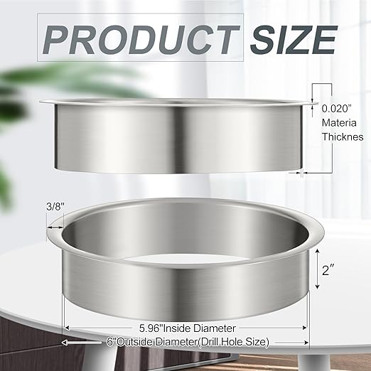 Honeydak 2 Pieces 6" (Nominal) Diameter x 2" Height 304 Polished Stainless Steel 6" x 2" Trash Grommets for Countertop Inserted Trash Kitchen Cabinet Counter Bin, Ease to Install